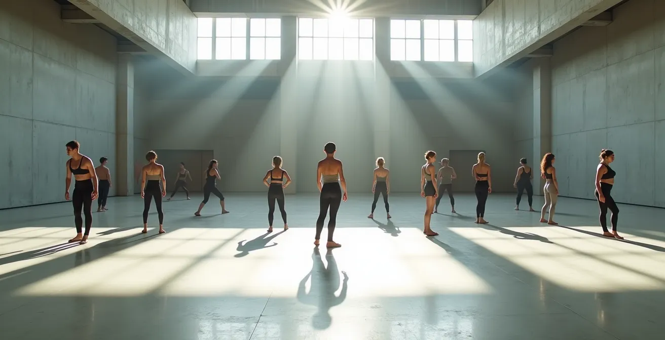 Tänzer in minimalistischem Raum zeigen abstrakte Bewegungen mit starken Diagonalen