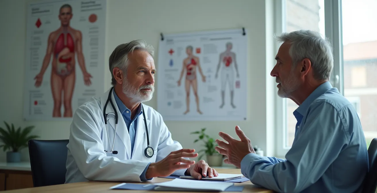 Beratungsgespräch zwischen Arzt und Patient über Vorsorgeoptionen in Deutschland