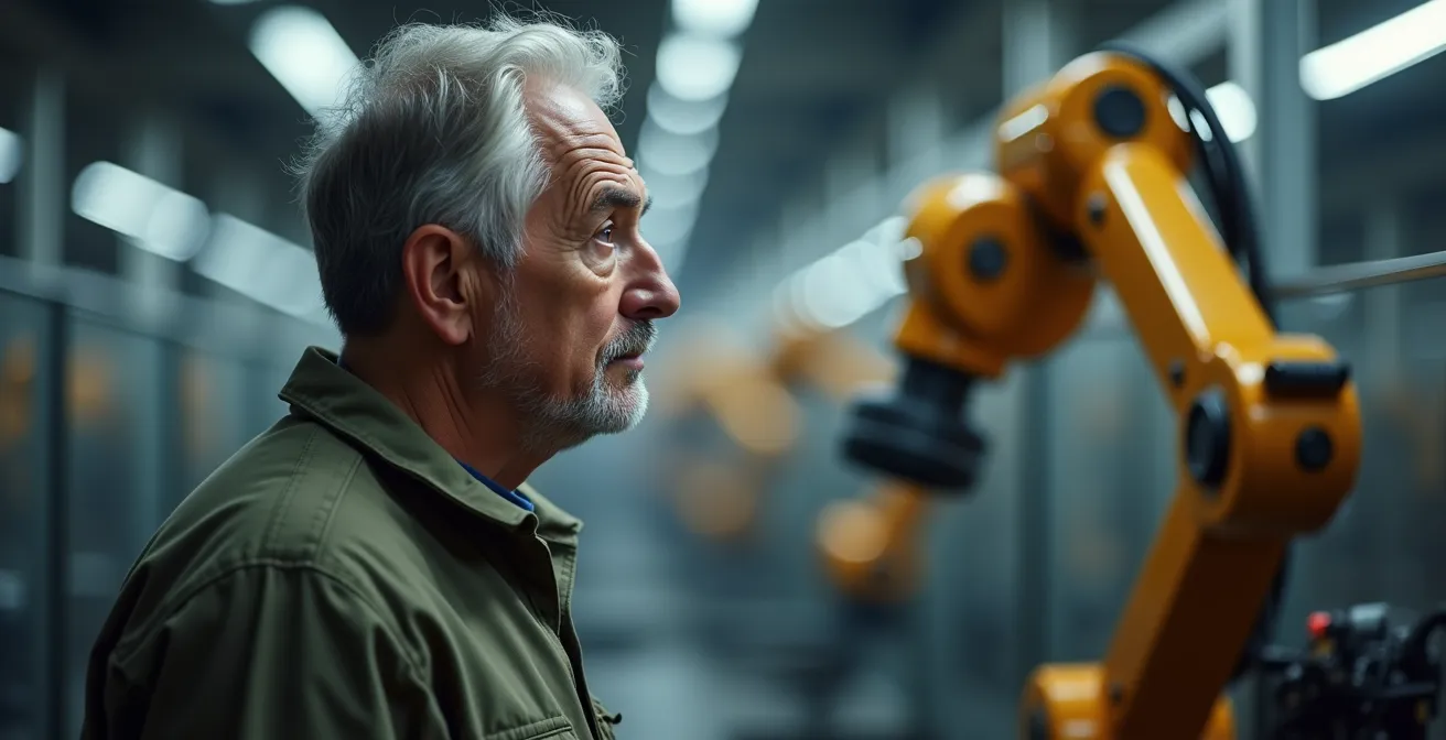 Symbolische Darstellung der Berufstransformation durch Automatisierung mit einem nachdenklichen Industriearbeiter im Vordergrund.