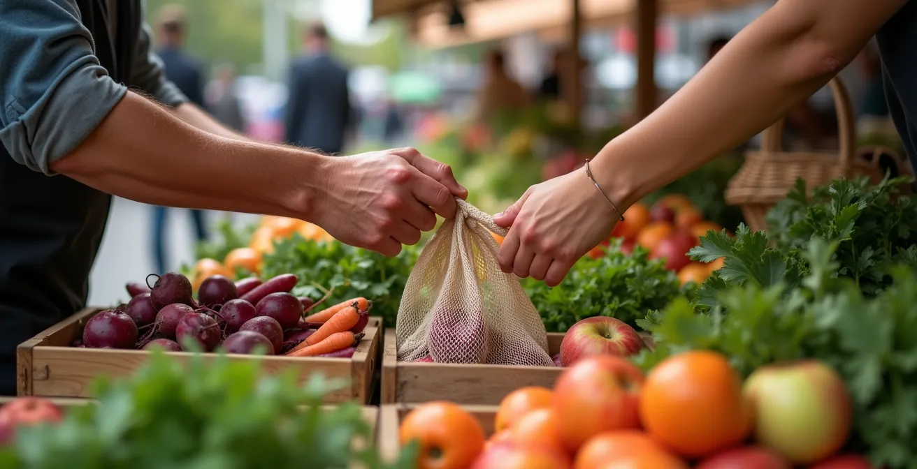 Lebhafter Berliner Wochenmarkt mit frischen unverpackten Lebensmitteln in wiederverwendbaren Beuteln