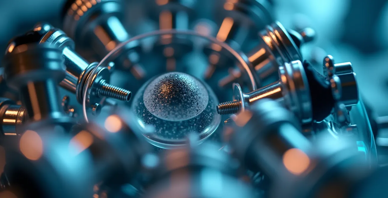 Nahaufnahme einer präzisen wissenschaftlichen Apparatur mit sichtbaren Metallstrukturen und Glaskomponenten in einem deutschen Labor