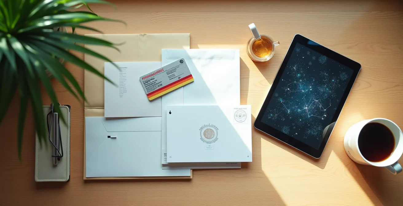 Moderne digitale Behördendienste auf verschiedenen Geräten in deutschem Homeoffice