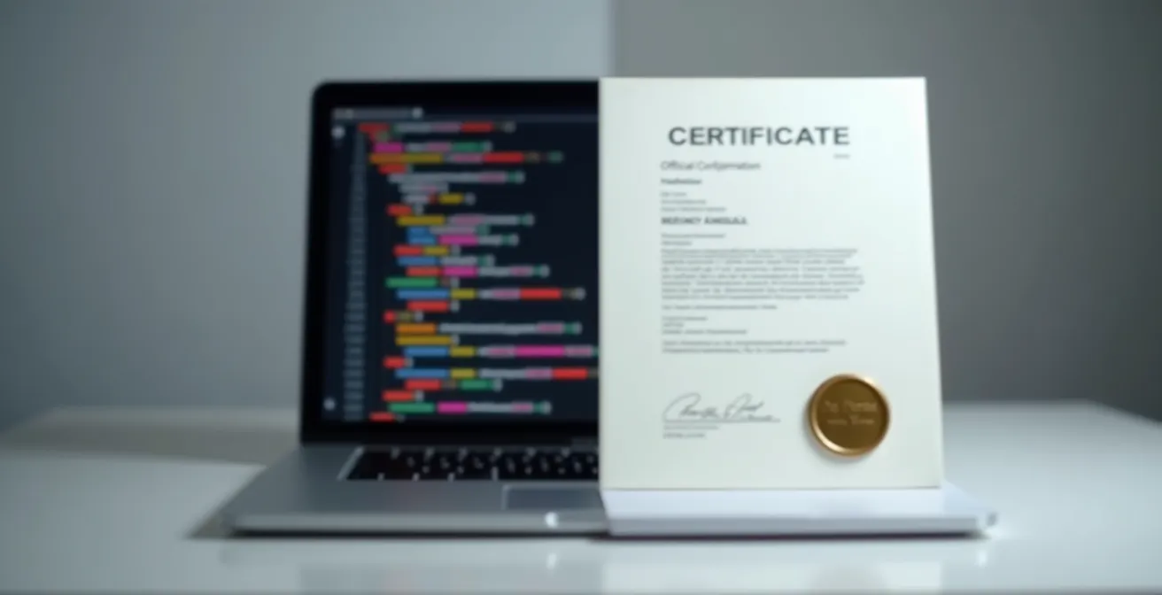 Geteilte Komposition, die ein digitales Portfolio auf einem Laptop und ein traditionelles Papierzertifikat gegenüberstellt