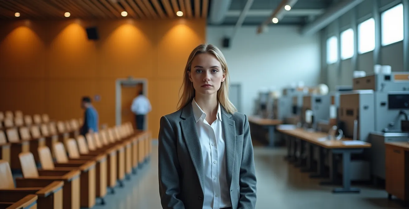 Student zwischen Hörsaal und modernem Industriearbeitsplatz