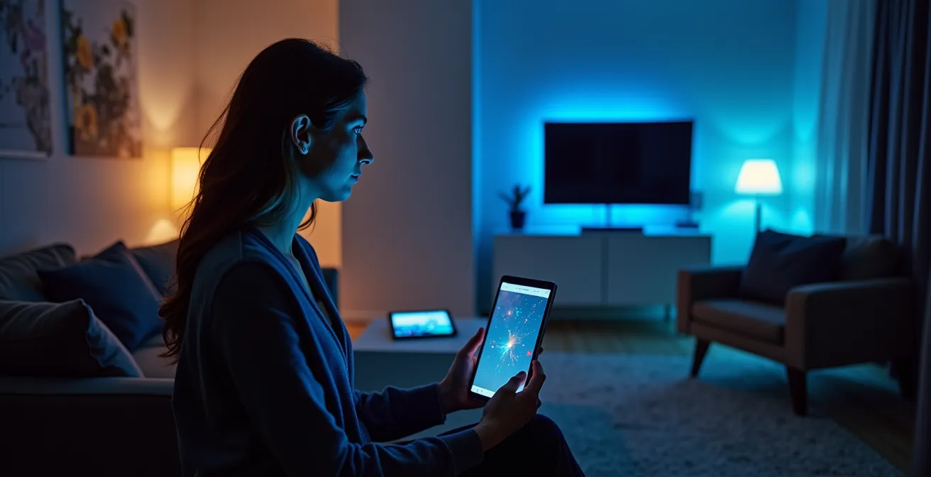 Moderner deutscher Haushalt mit LED-Lampen und mehreren leuchtenden Geräten