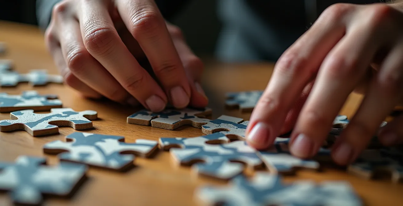 Nahaufnahme von erfahrenen Händen beim Lösen komplexer Aufgaben, die Mustererkennung symbolisieren