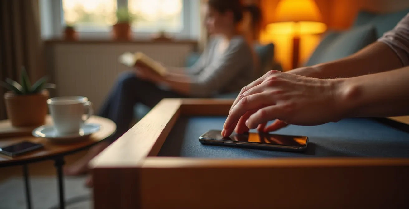 Smartphone in geschlossener Schublade während entspannter Feierabend-Atmosphäre