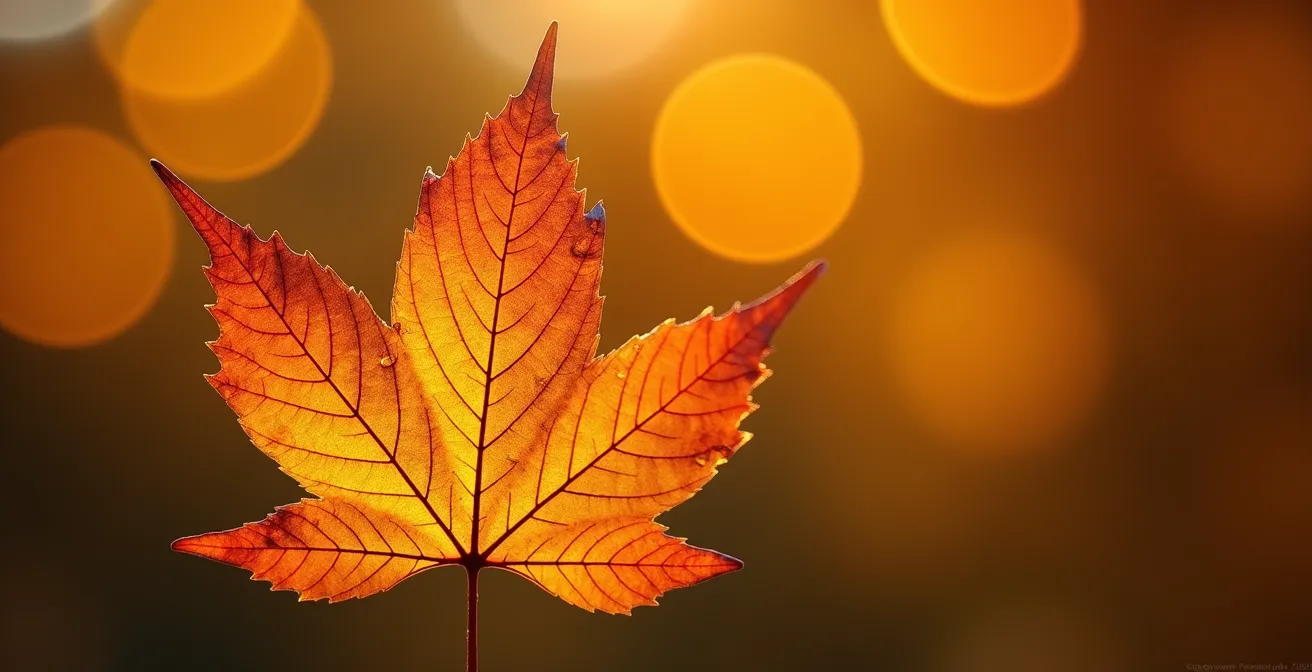 Makroaufnahme eines einzelnen Herbstblattes mit cremigem Bokeh im Hintergrund