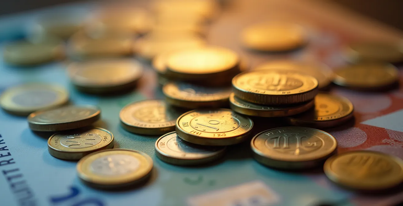 Nahaufnahme von Euro-Münzen, die finanzielle Instabilität symbolisieren und als visuelles Sinnbild für ein Frühwarnsystem dienen.