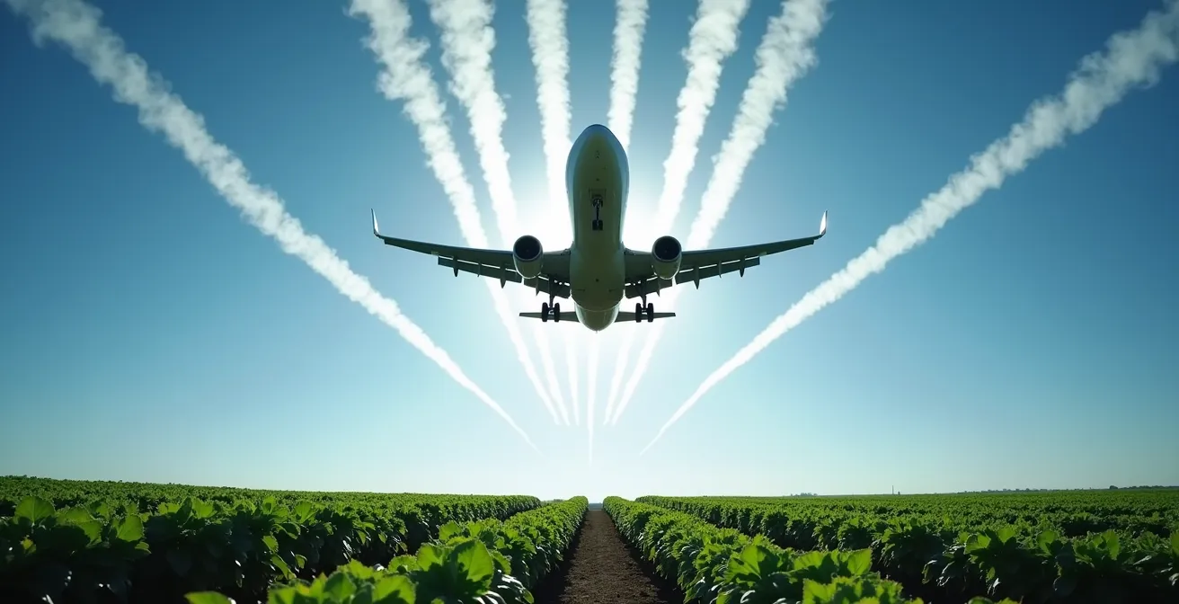 Flugzeughimmel mit Kondensstreifen über deutscher Landschaft