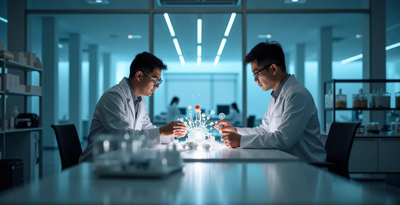 Abstrakte Darstellung zweier Forscher an einem Tisch mit wissenschaftlichen Modellen und Glasgefäßen, die gemeinsam an einem Projekt arbeiten