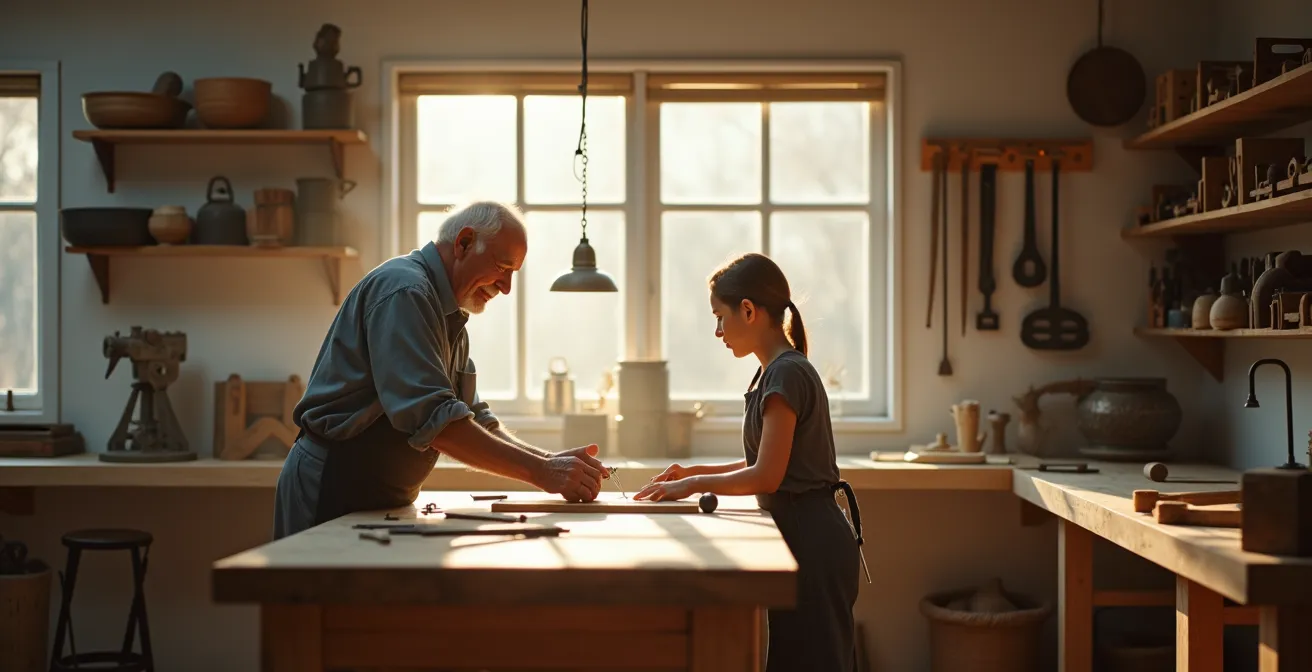 70-jähriger Handwerksmeister zeigt 12-jährigem Schüler traditionelle Holzbearbeitung