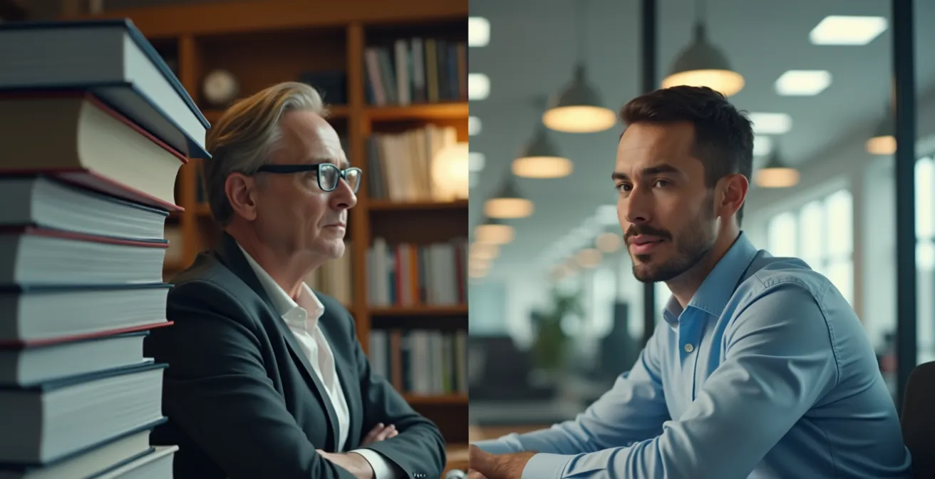 Kontrastdarstellung zwischen träger Konzernstruktur und agilem Startup-Umfeld