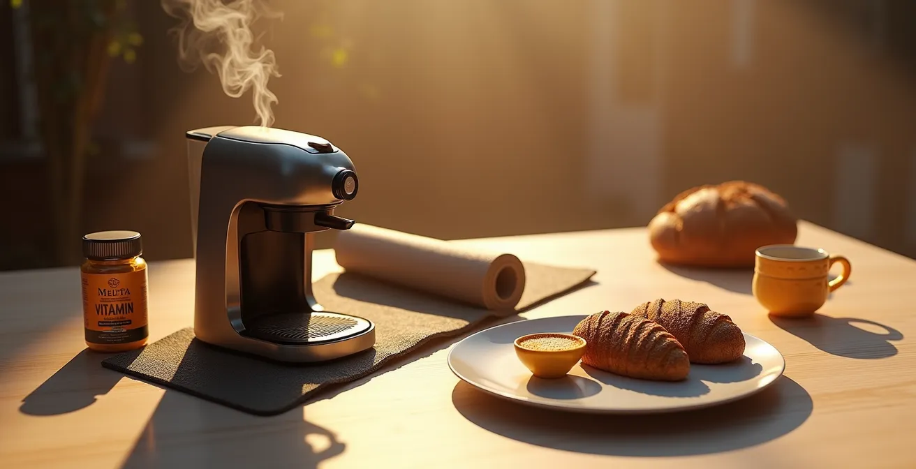 Visualisierung der Gewohnheits-Ankopplung im deutschen Alltag, bei der eine Kaffeemaschine mit einer Yogamatte und einem gesunden Frühstück verbunden ist.