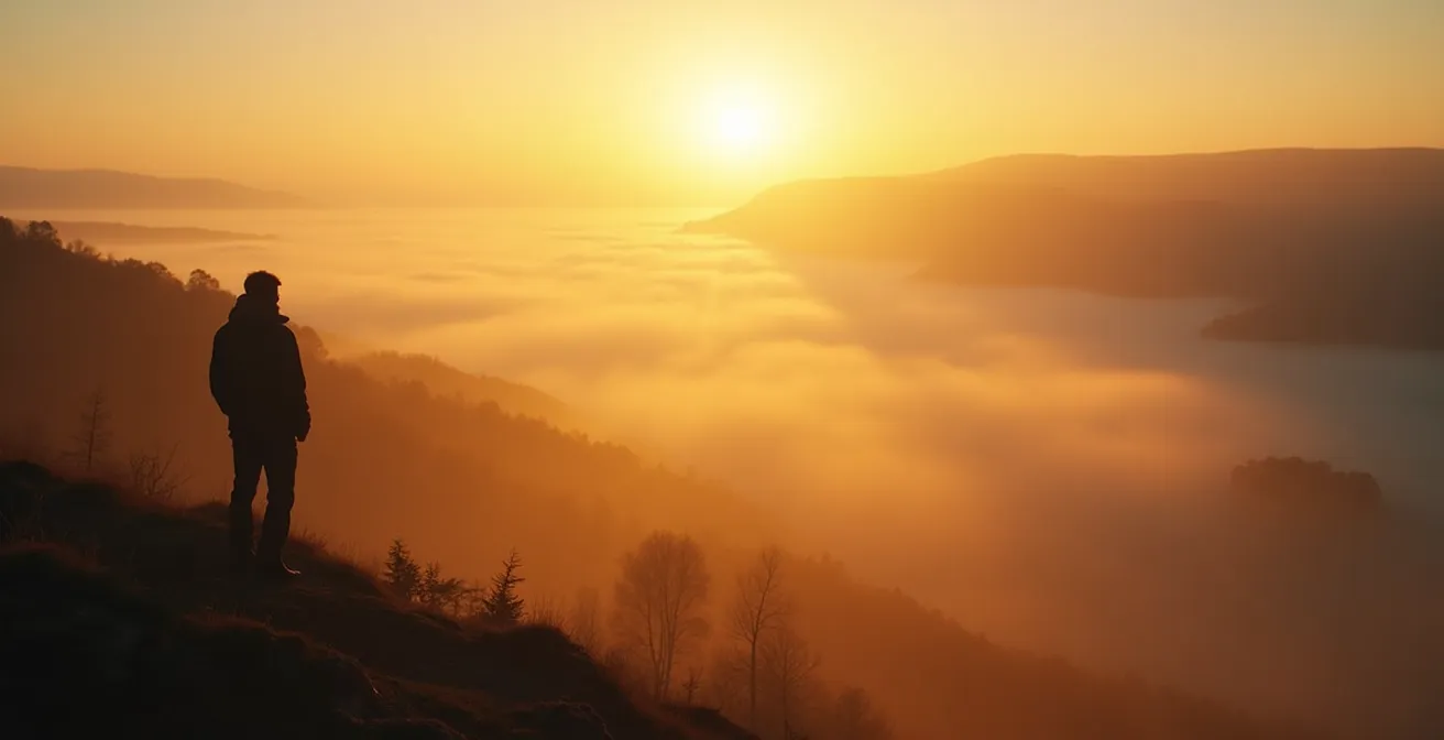 Nebliger Sonnenaufgang über dem Moseltal mit goldenen Lichtstrahlen
