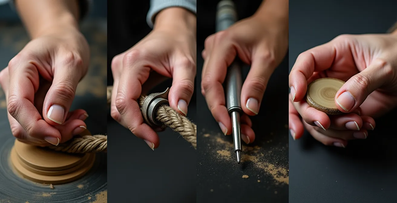 Makroaufnahme von Händen die verschiedene Werkzeuge und Instrumente halten