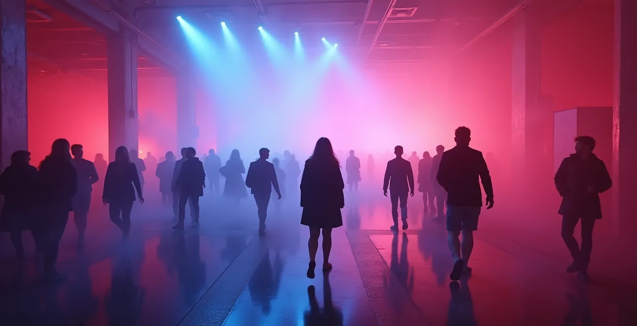 Besucher gehen durch einen nebelverhangenen Raum, der von farbigem Licht durchflutet ist und eine surreale Atmosphäre schafft.