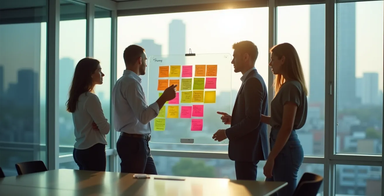 Team priorisiert Aufgaben mit Impact-Effort-Matrix auf Glaswand