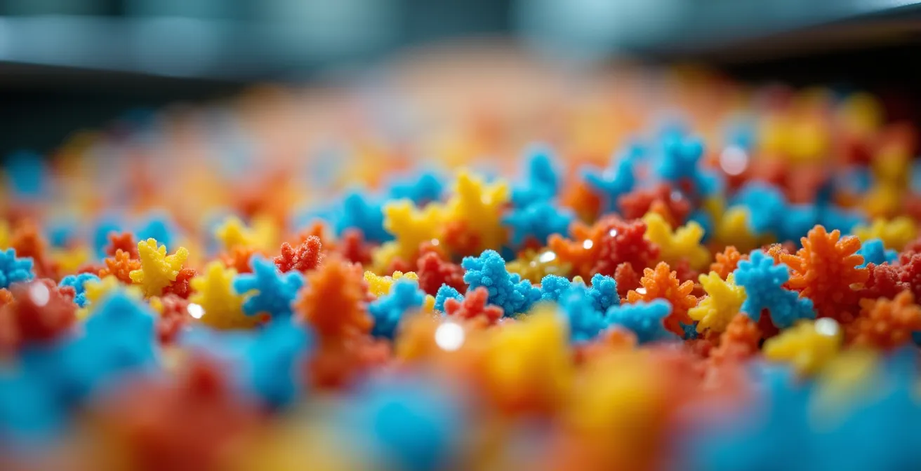 Makroaufnahme von bunten Kunststoffflakes während der automatischen Sortierung