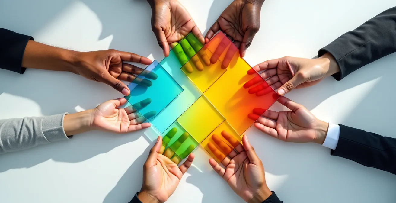 Vielfältiges internationales Team in deutschem Unternehmen bei kreativer Zusammenarbeit