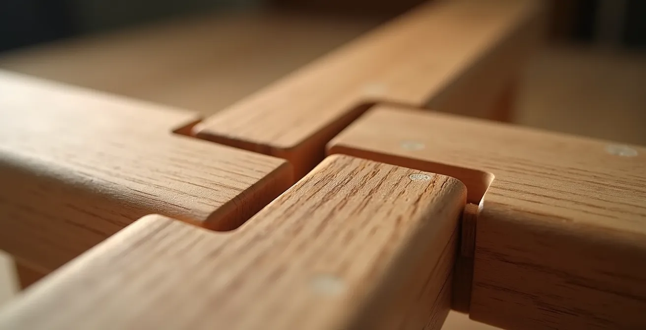 Detailaufnahme einer traditionellen japanischen Holzverbindung ohne Metall