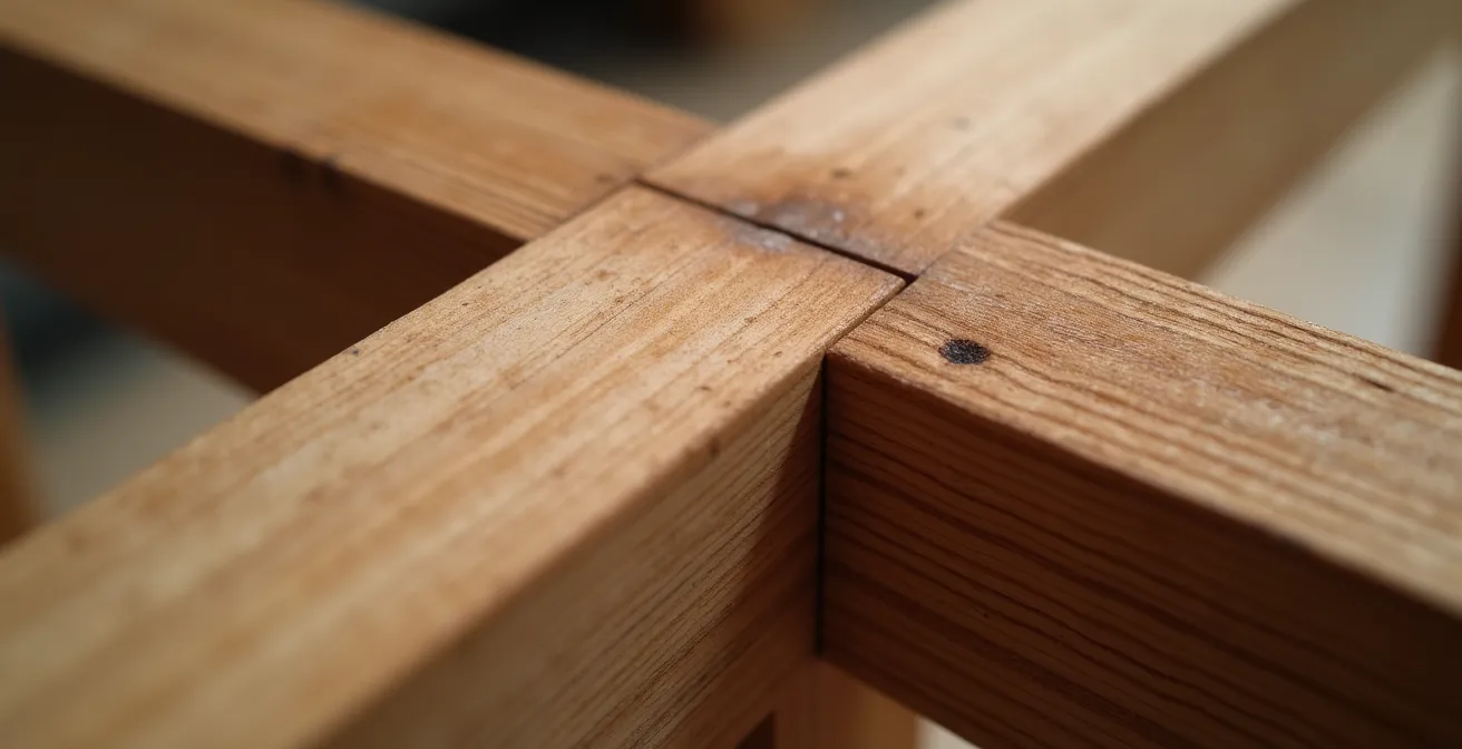 Makroaufnahme einer präzisen japanischen Holzverbindung ohne Nägel