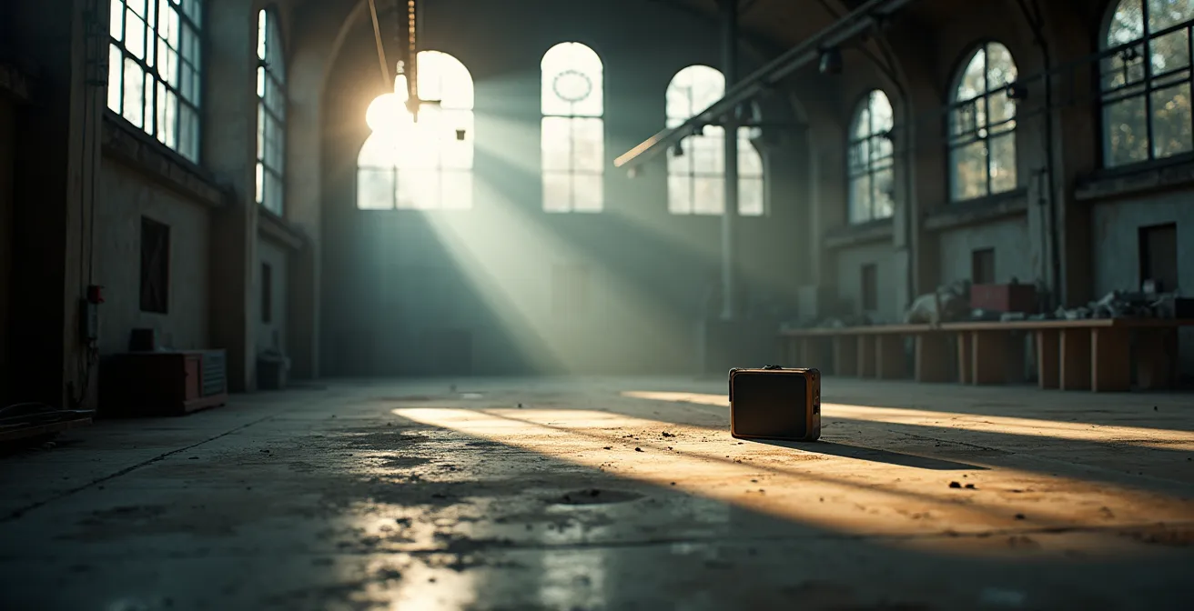 Symbolische Darstellung der Innovationsträgheit bei etablierten Unternehmen, die den Kontrast zwischen einer alten Fabrikhalle und einem modernen Gerät zeigt.