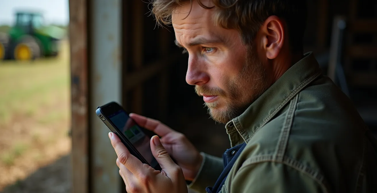 Landwirt analysiert Felddaten auf einem Tablet bei der Arbeit