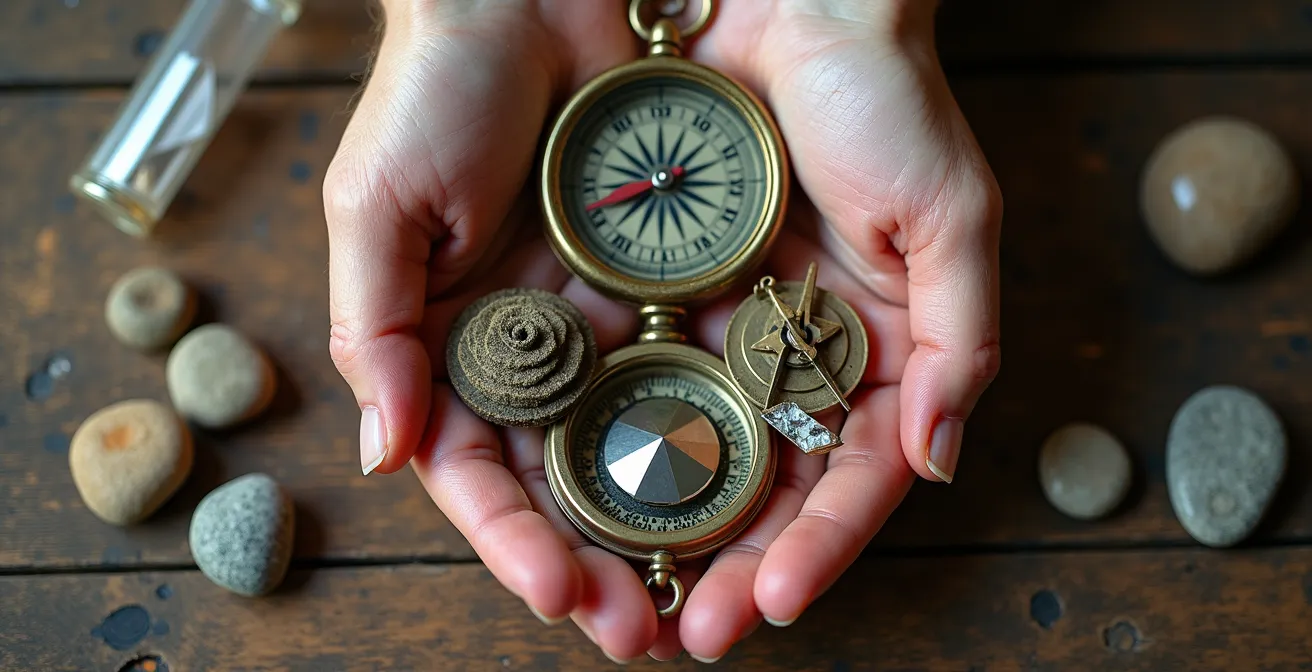 Werkzeugkasten mit symbolischen Instrumenten für persönliche Entwicklung