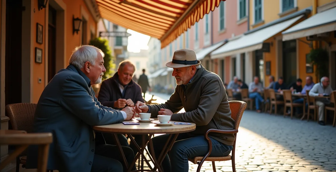 Morgendliche Szene auf einem italienischen Dorfplatz, auf dem Einheimische beim Espresso sitzen und den Alltag genießen.