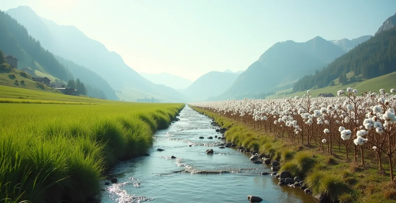 Kontrast zwischen einem üppigen bayerischen Gebirgsbach und einem ausgedörrten Baumwollfeld, was das Paradox von lokalem und globalem Wasserverbrauch verdeutlicht.