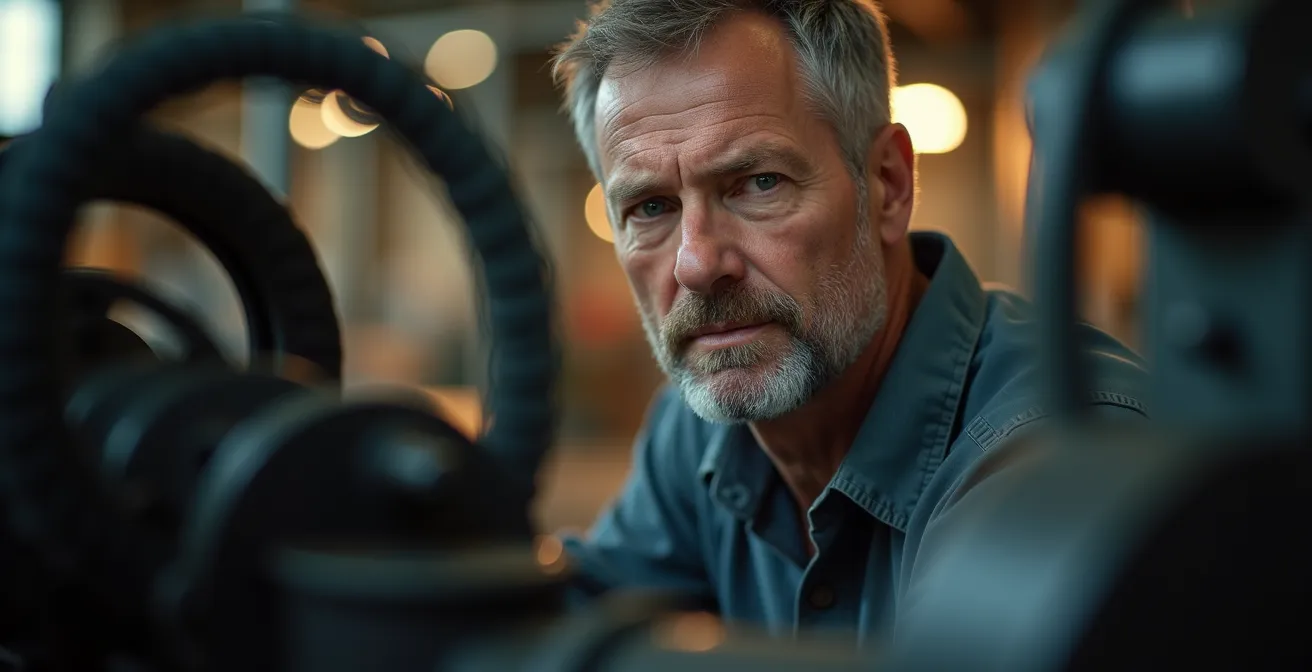 Ein zuversichtlicher deutscher Mittelständler blickt durch Maschinenteile und symbolisiert die erfolgreiche Meisterung der COVID-19-Transformation.