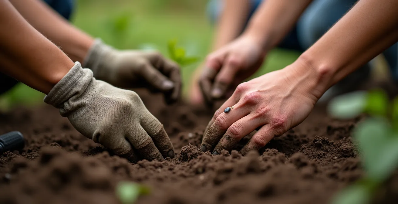 Nachbarn verschiedener Herkunft arbeiten gemeinsam an einem Gartenprojekt