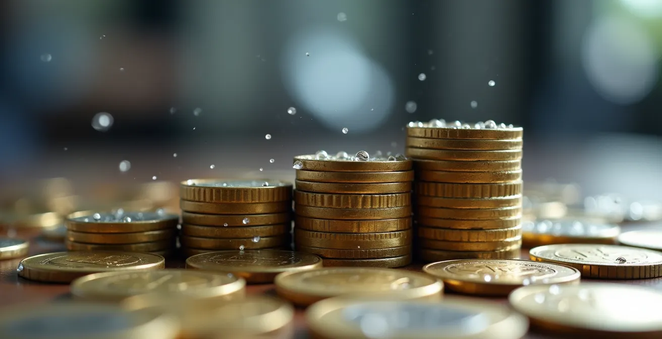 Darstellung des Operating Leverage Konzepts mit Cash-Reserve Strategien anhand von Münzstapeln.