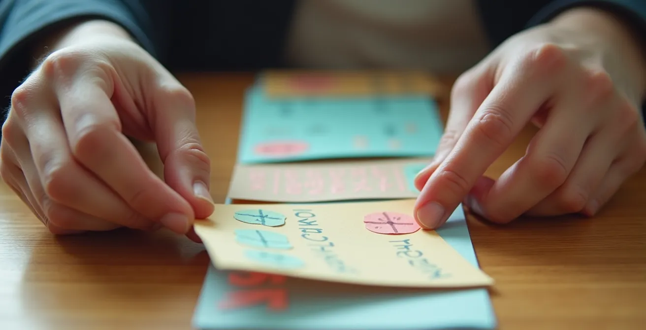 Nahaufnahme von Händen die ein analoges Kontaktbuch mit farbigen Markierungen organisieren