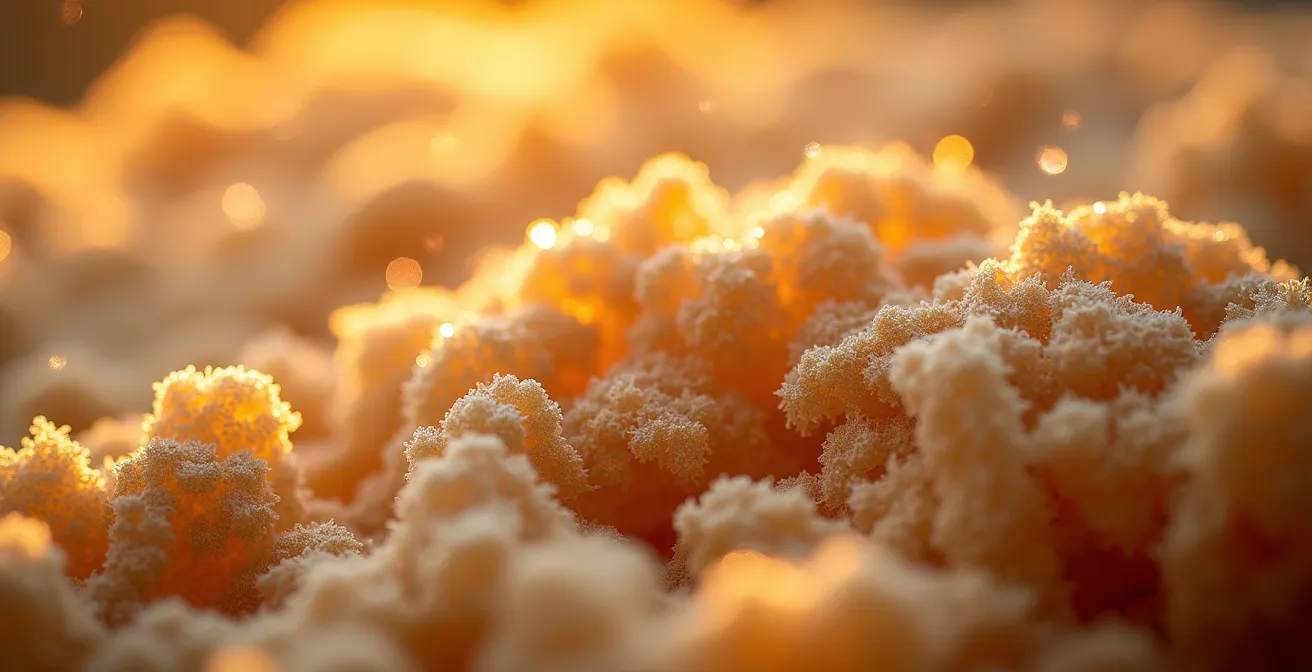 Makroaufnahme von Holzfaser-Dämmstoff zeigt Struktur für Hitzeschutz