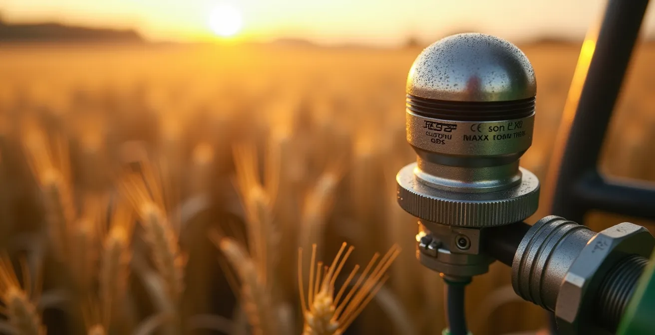 Nahaufnahme von Precision-Farming-Sensoren auf einem Traktor im Feld