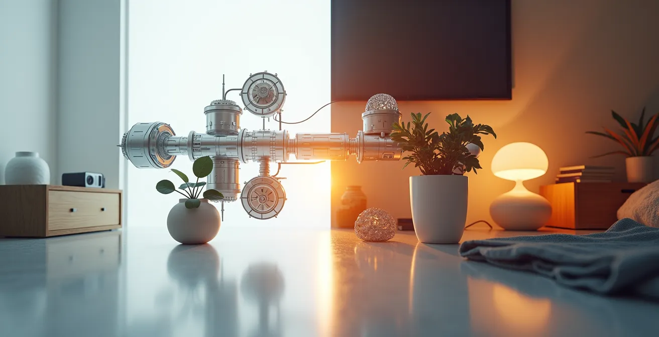 Splitscreen-Komposition zeigt Raumfahrttechnologie links und Alltagsanwendung rechts