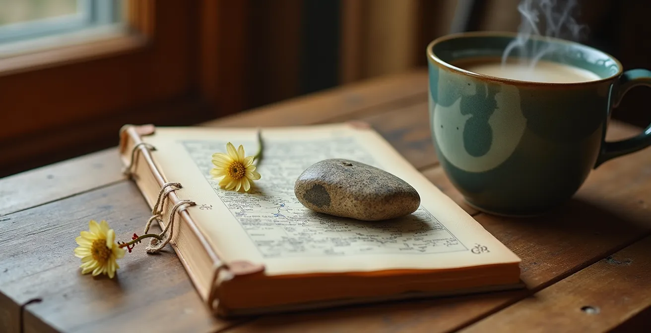 Makroaufnahme von Reiseerinnerungen als Alltagsanker im deutschen Zuhause: ein Reisetagebuch, ein glatter Stein und eine Tasse Kaffee.