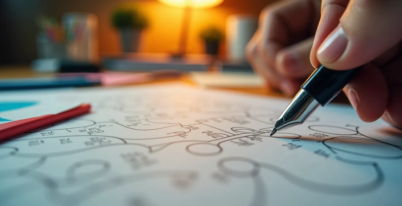 Makroaufnahme von handschriftlichen Planungsnotizen mit Mindmaps und Zeitlinien