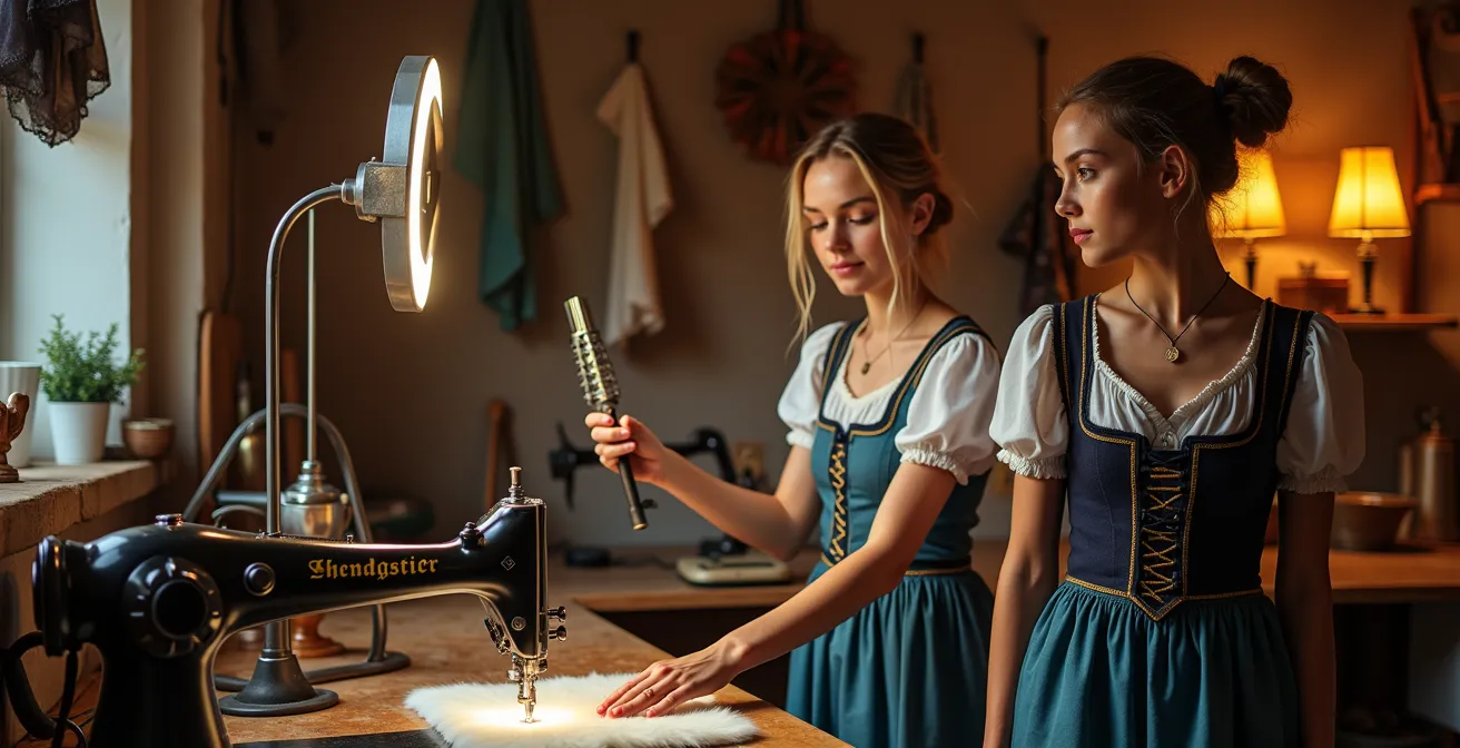 Junge Frauen in modernisierten Dirndl bei Instagram-Fotoshooting im schwäbischen Trachtenverein