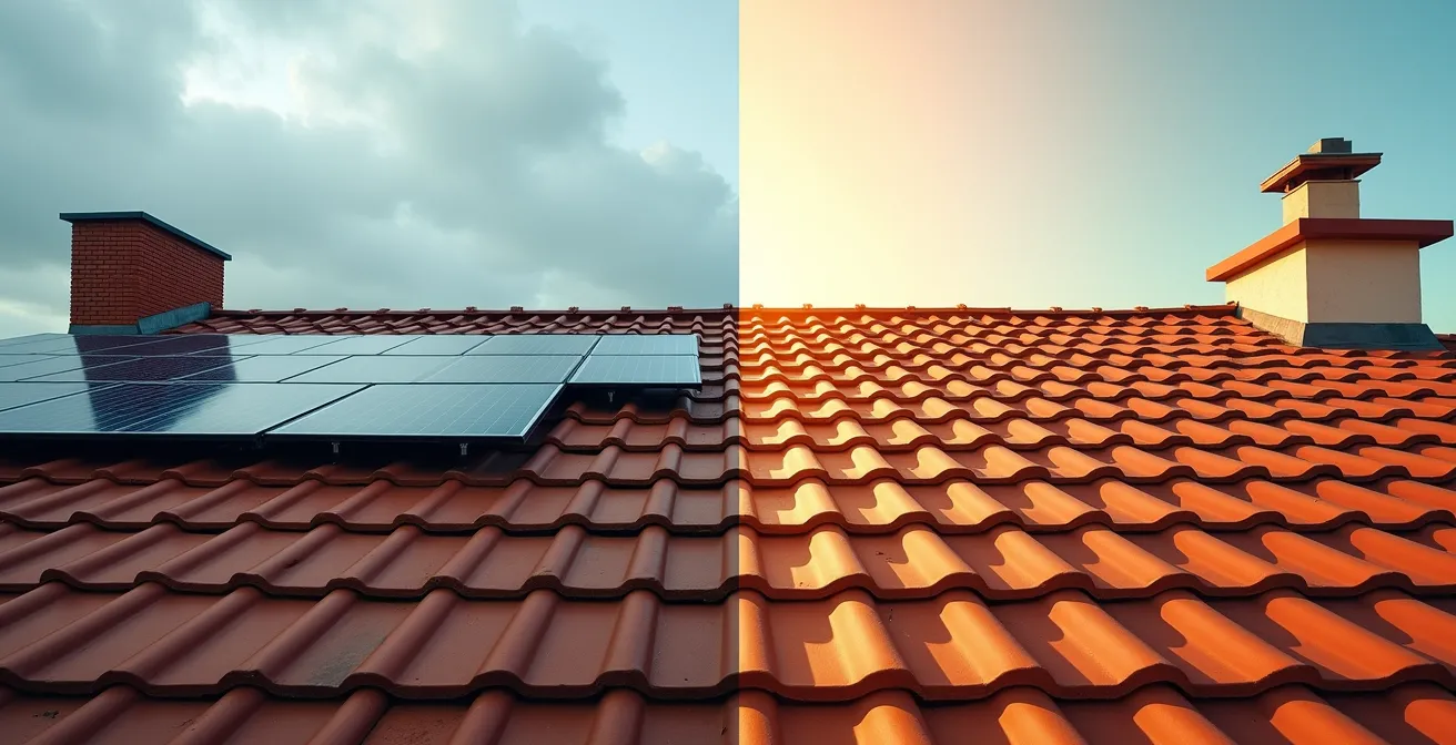 Geteilte Ansicht von Solaranlagen auf Hamburger und barcelonischen Dächern