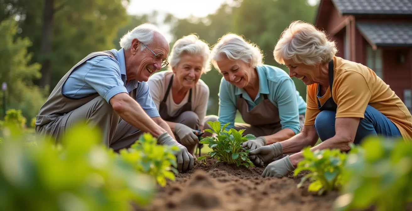 Eine Gruppe deutscher Senioren, die lachend bei einer gemeinsamen ehrenamtlichen Tätigkeit im Gemeinschaftsgarten zusammenarbeitet