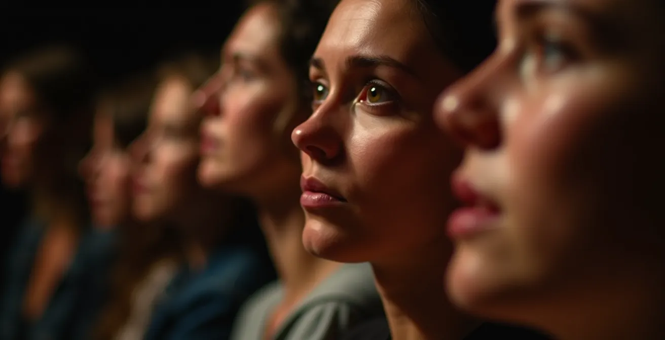 Nahaufnahme von Theaterbesuchern deren Gesichter synchrone emotionale Reaktionen zeigen