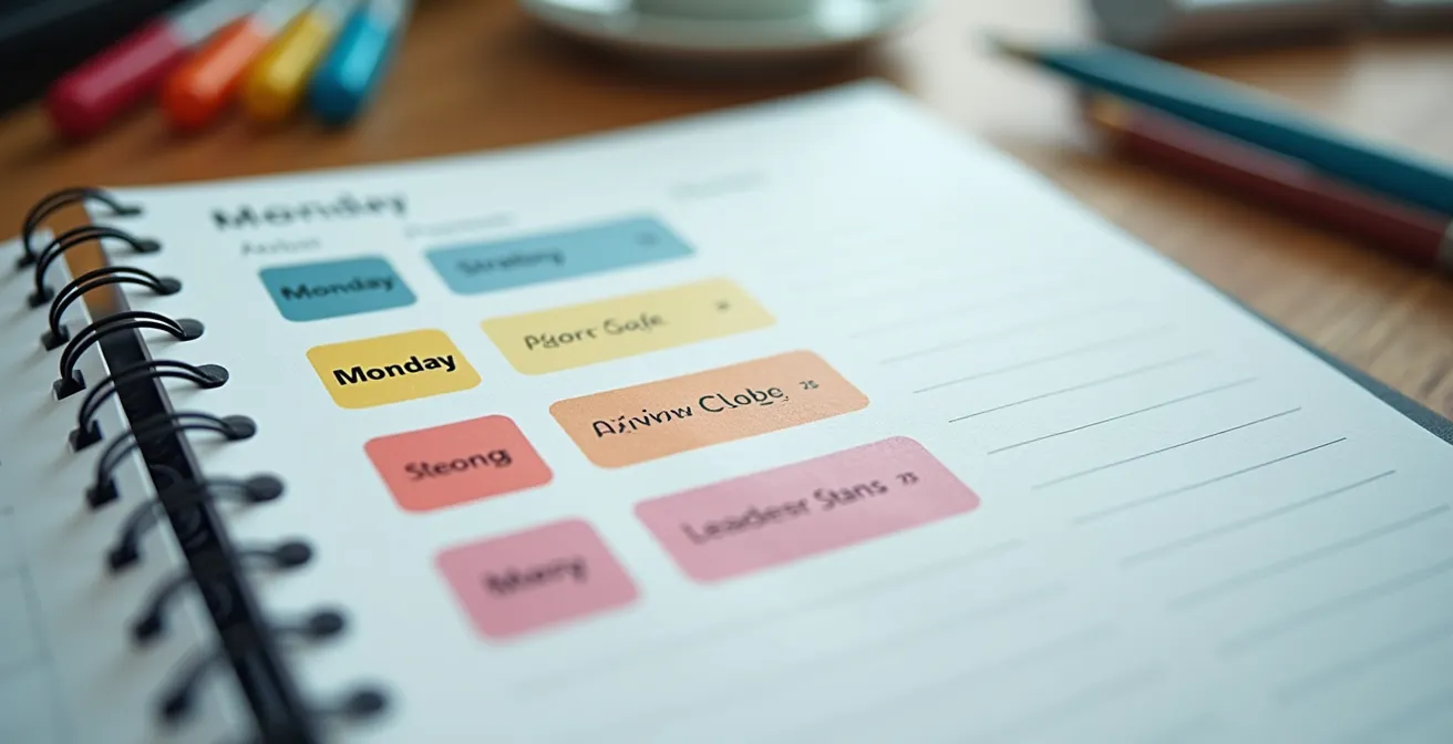 Makroaufnahme eines strukturierten Wochenkalenders mit farbcodierten Führungsritualen