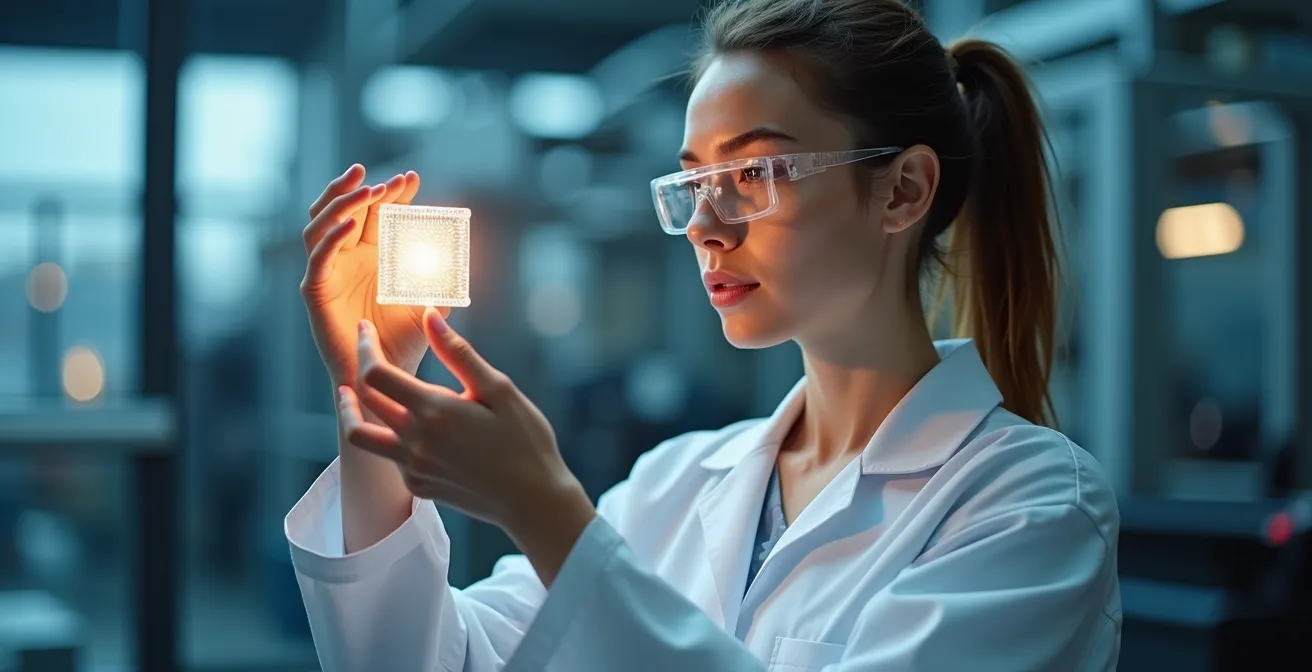 Der Weg von der Forschung zur industriellen Produktion in Deutschland, dargestellt durch einen Forscher, der einen leuchtenden Prototyp prüft.