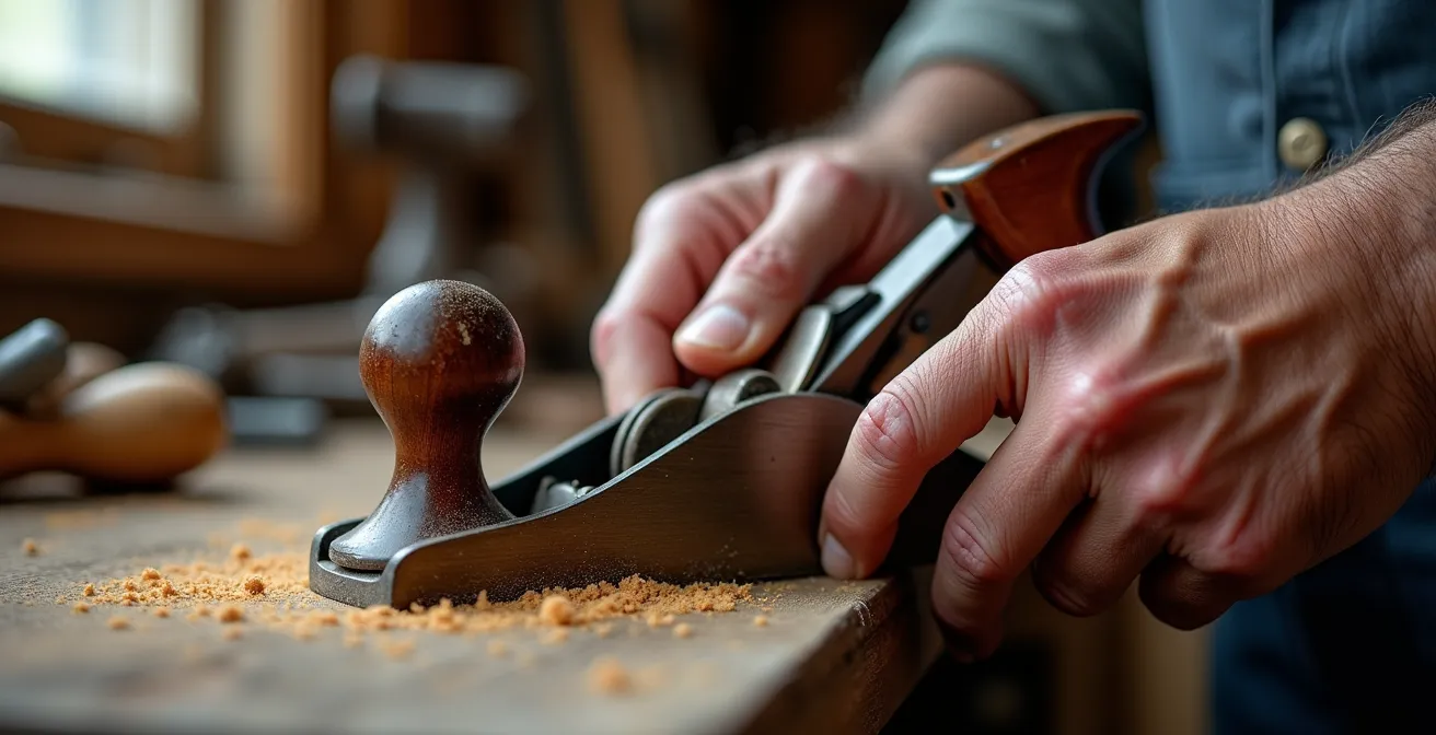 Traditionelle deutsche Tischlerwerkzeuge arrangiert auf einer historischen Hobelbank
