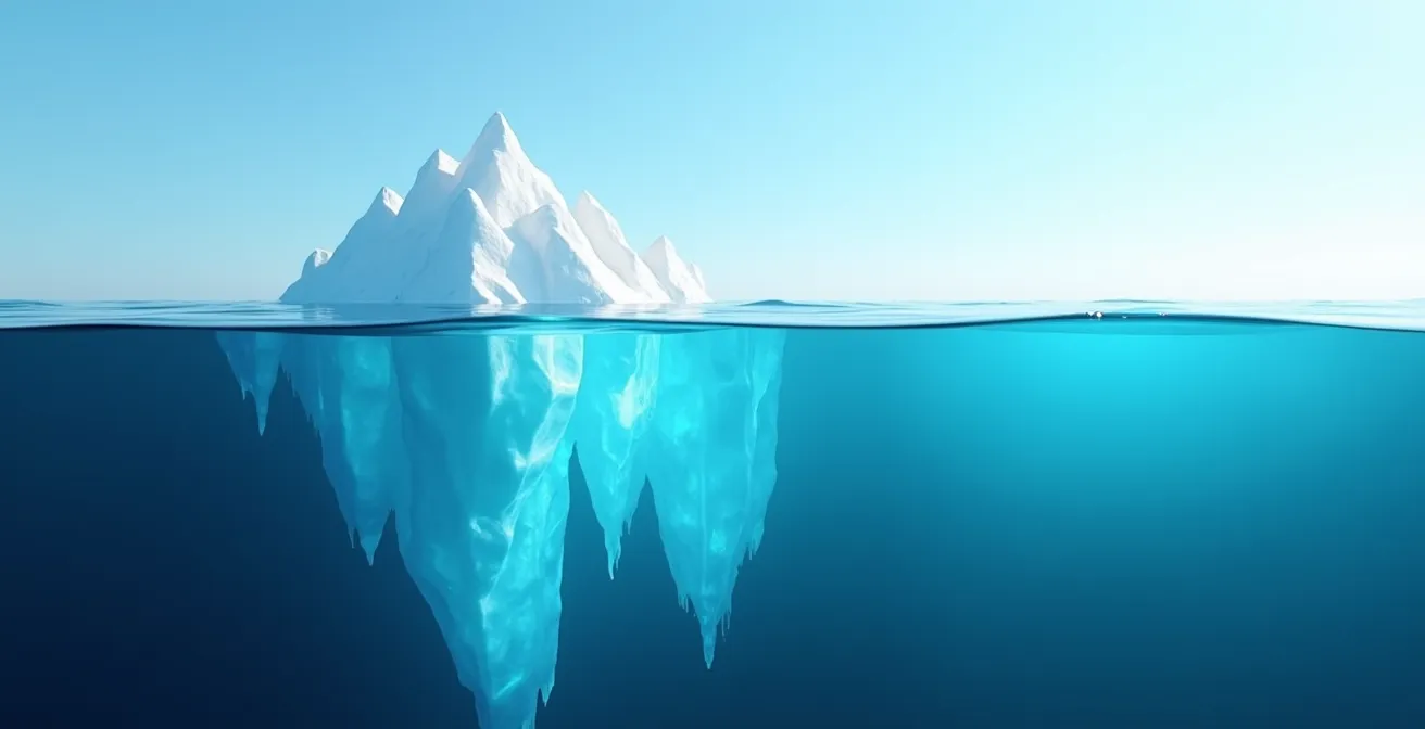 Eisberg-Metapher zeigt versteckte Finanzkosten unter der Wasseroberfläche, während nur ein kleiner Teil sichtbar ist