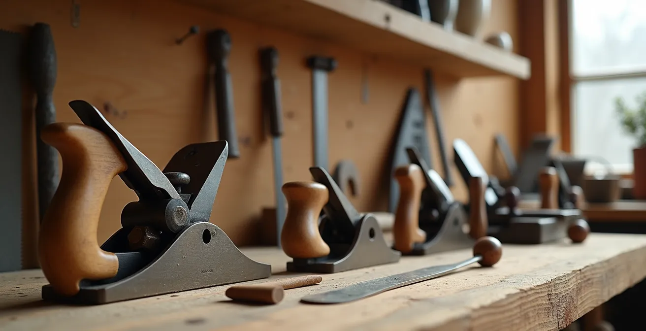 Minimalistische Anordnung essentieller Tischlerwerkzeuge auf Werkbank