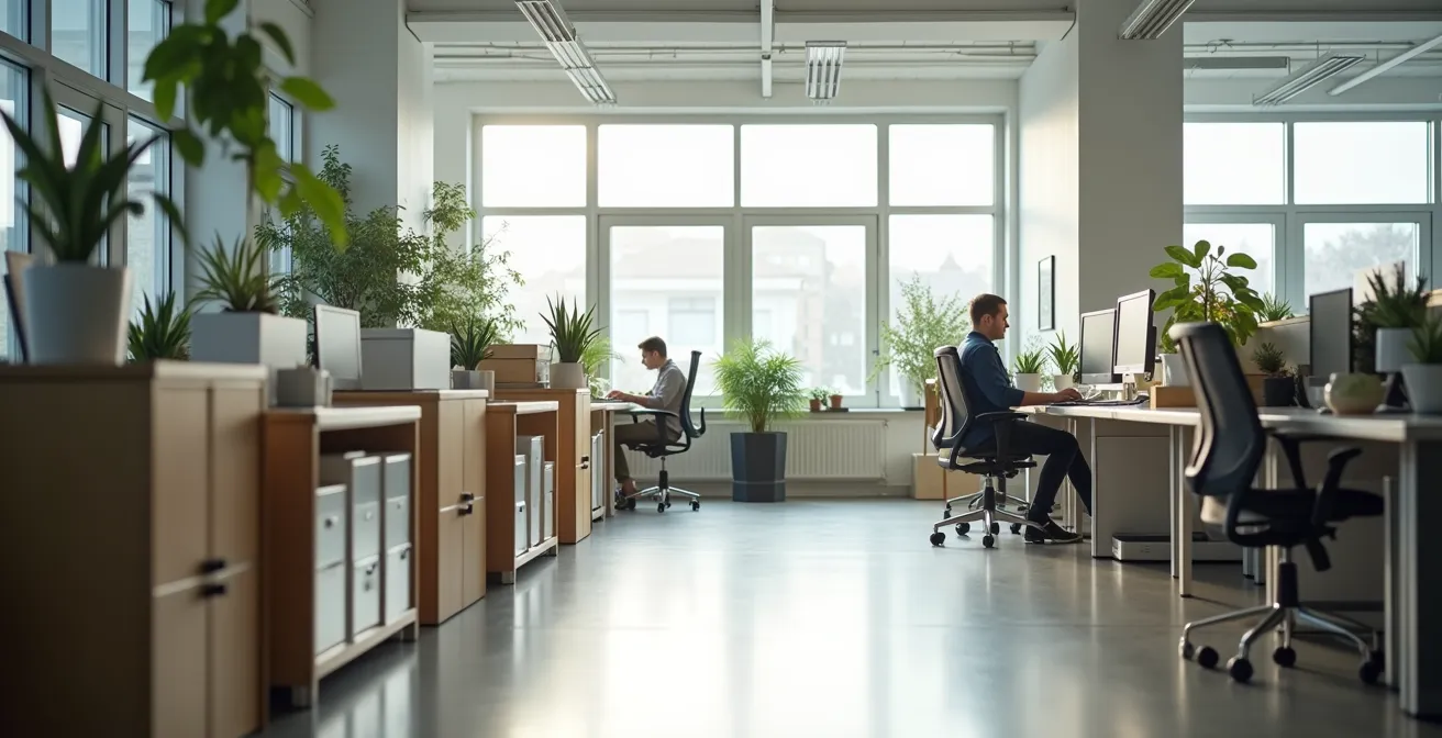 Weitwinkelaufnahme eines modernen deutschen Büros mit Person am Schreibtisch in ruhiger Arbeitsatmosphäre